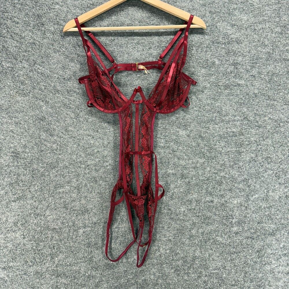 Roma Embellished Lace Bodysuit Women L Large Red Underwired Sheer Hook & Eye